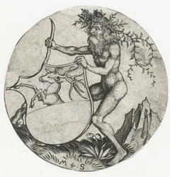 Wapenschild met een hert, vastgehouden door een wildeman met een knots