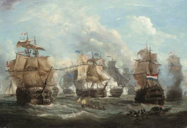 Het Engelse vlaggenschip Venerable in gevecht met het Nederlandse vlaggenschip Vrijheid bij de Slag bij Camperdown