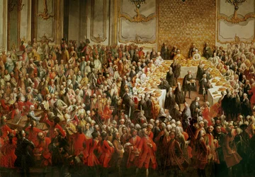 Galadiner ter ere van het huwelijk van kroonprins Jozef en prinses Isabella van Parma, in paleis Schönbrunn, Wenen, in ...