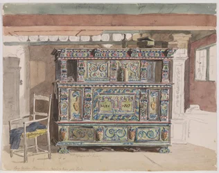 Beschilderde kast, gedateerd 1727, in een kamer van Læsø
