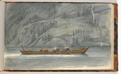 Fjordlandschap met roeiboot. Krøderen, Noorwegen