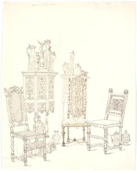 Oude stoelen en kasten met steengoed