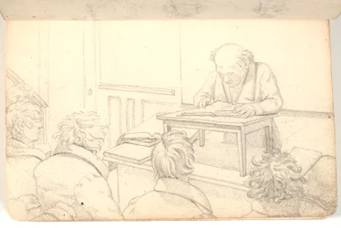 Interieur van de academie met voorlezer en toehoorders