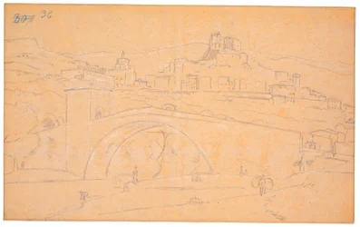 Italiaans landschap met een brug over een rivier en de stad Subiaco op de achtergrond
