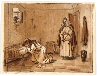 Compositiestudie met een huilende vrouw op haar knieën, een brief op de grond, achter haar een non