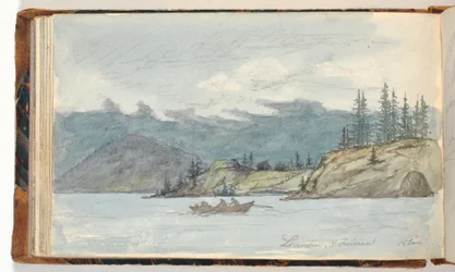 Meerlandschap met een roeiboot. Het fjord Krøderen, Noorwegen