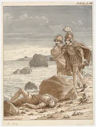 Twee krijgers vinden een man aangespoeld op het strand