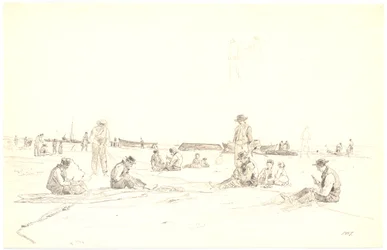 Vissers repareren netten op het strand, Skagen