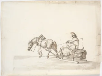 Paardenslee met een man op een bundel riet [?]