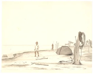 Strandpartij met omgekeerde boot en twee vissers