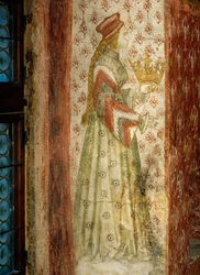 Margarete Maultasch, gravin van Tirol, in een muurschildering in een raamkozijn van de badkamer in kasteel Runkelstein, Zuid-Tirol ... (muurschildering)