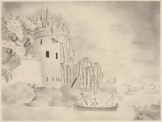 De eenzame toren (kasteel aan een rivier met wilgen en een boot)