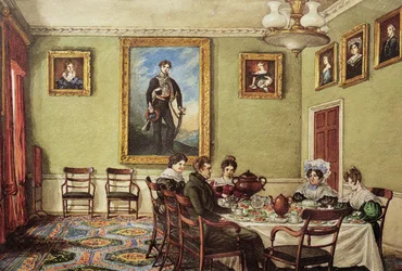Eetkamer in Langton Hall, familie aan het ontbijt, ca. 1832-3