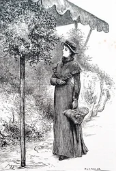 Een vrouw die hulst koopt voor kerstversieringen. Door Mary Ellen Edwards (1838-1934) een Engelse kunstenaar