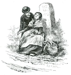 Een behoeftige, ongehuwde moeder uitgeput gevonden op weg naar het armenhuis met haar baby. Scène die doet denken aan een roman van Thomas Hardy maar niet ongewoon in landelijke gebieden in het hele land. Illustratie door Mary Ellen Edwards ca. 1881