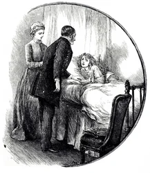 Een gravure die een dokter afbeeldt die zijn jonge patiënt thuis bezoekt
