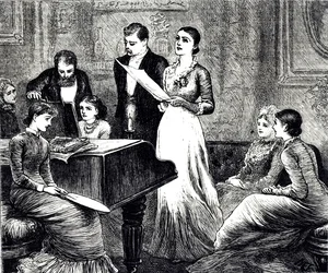 Een gravure die een muzikale avond afbeeldt. Geïllustreerd door Mary Ellen Edwards