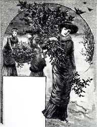 Een gravure die het verzamelen van hulst en groenblijvende planten voor kerstversiering afbeeldt. Geïllustreerd door Mary Ellen Edwards