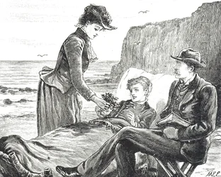 Gravure die een kreupele jongen aan zee afbeeldt