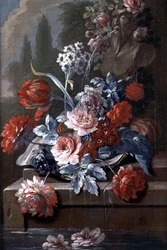 Stilleven van bloemen bij een fontein