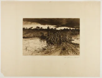 Landschap met molen en een houten brug