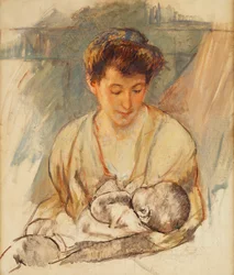Moeder Roos kijkt neer op haar slapende baby, ca. 1900