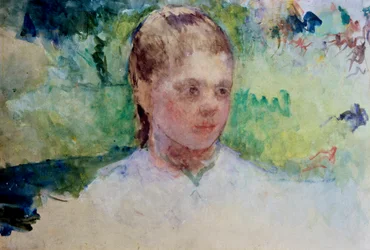 Jong meisjeshoofd. Groene achtergrond. Schilderij van Mary Cassatt (1845-1926). Aquarel.