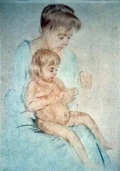 Vrouw met een klein naakt kind op schoot terwijl ze zijn vingernagels verzorgt, omstreeks 1904. Mary Cassatt (1844-1926), Amerikaanse schilderes en prentkunstenares die vanaf 1866 voornamelijk in Frankrijk woonde. Huiselijkheid, moeder, kind