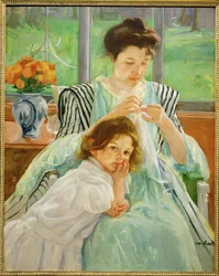 Jonge moeder naait (schilderij op doek)