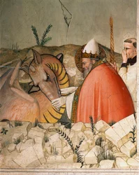 Episodes uit het oudejaarsleven: Paus Sint Sylvester I (Silvester of Silvestro) (314-335) sluit de mond van de draak. (detail)