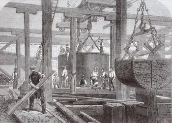 Uitzicht op bouwwerkzaamheden aan Blackfriars Bridge voor de London, Chatham en Dover Railway met het zinken van een cilinder voor een van de ronde stenen pijlers
