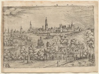 Uitzicht over een rivier naar een ommuurde stad bij zonsondergang