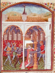 Moord op een Miniatuurkoning uit "Casus van edele mannen en vrouwen ongelukken" (De casibus) door Giovanni Boccaccio, vertaald door Laurent de Premierfait en verlucht door de meester van Dunois (15e eeuw)