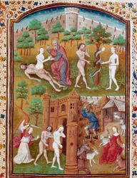 De geboorte van Eva uit Adams zijde, Adam en Eva plukken de verboden vrucht en worden vervolgens uit het Paradijs verdreven. Miniatuur uit „De gevallen van het ongeluk van edele mannen en vrouwen” (De casibus) van Giovanni Boccaccio, genaamd Jean Boccace