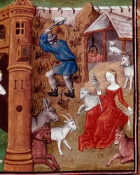 Voorstelling van Adam die de aarde bewerkt en Eva die wol spint na hun verdrijving uit het aardse paradijs. Miniatuur uit “Des cas des nobles hommes et femmes infortunes” (De casibus) door Giovanni Boccaccio, ook wel Jean Boccace (1313-1375), Italië