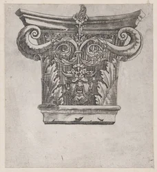 Speculum Romanae Magnificentiae: Kapiteel met peulvruchtvoluten en saterhoofd, ca. 1537