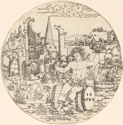 Bacchus zittend in een landschap