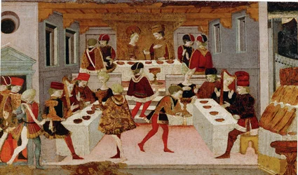 De dochter van de sultan van Babylon tijdens een banket (tempera op hout)