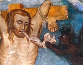 De onberouwvolle dief, gekruisigd met Jezus, zijn ziel wordt uit zijn mond getrokken door een demon