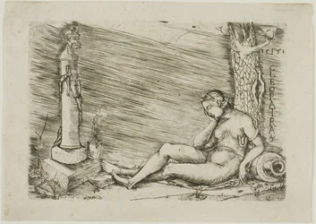 Cleopatra liggend aan de voet van een boom, met een term