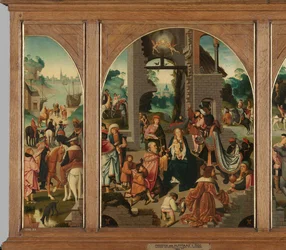 Drieluik met Aanbidding der Wijzen (midden en binnenvleugels), Sint Antonius Abt (links, buitenvleugel) en Sint Adrianus (rechts, buitenvleugel)