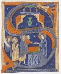 Manuscriptverlichting met de presentatie van Christus in de tempel in een initiaal S..., ca. 1278