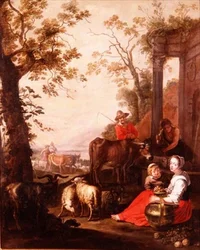 Boeren en vee bij een klassieke fontein