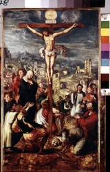 Calvarie. Gebed rond de gekruisigde Christus met de stad Jeruzalem op de achtergrond. Inscriptie "I.N.R.I." op het kruis en daarboven de duif van de Heilige Geest. Onder de afgebeelde personen rond Jezus Christus: de Maagd Maria, Sint