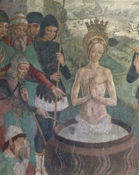 Italië, regio Piemonte, provincie Alessandria, Serralunga di Crea, Sacro Monte di Crea, Heiligdom van Santa Maria Assunta, Kapel van St. Margaretha van Antiochië, Passie van St. Margaretha van Antiochië, detail