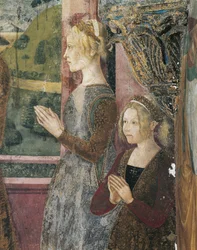 Italië, regio Piemonte, provincie Alessandria, Serralunga di Crea, Sacro Monte di Crea, Heiligdom van Santa Maria Assunta, Kapel van St. Margaretha van Antiochië, Fresco met Paleologo en Bernarda di Bosse