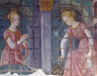 Italië, regio Piëmont, provincie Alessandria, fresco in kapel bij Basiliek van Santa Maria Assunta