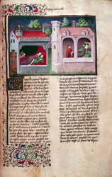 Galante scène: twee koppels in gesprek. Pagina uit een Frans manuscript van de 