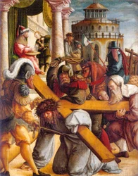 Duits: Kreuztragung Christi und Handwaschung des Pilatus Christus die het kruis draagt en Pilatus die zijn handen wast