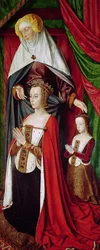 Het Bourbon Altaarstuk, rechterpaneel met St. Anna die Anne van Frankrijk en haar dochter Suzanne van Bourbon presenteert